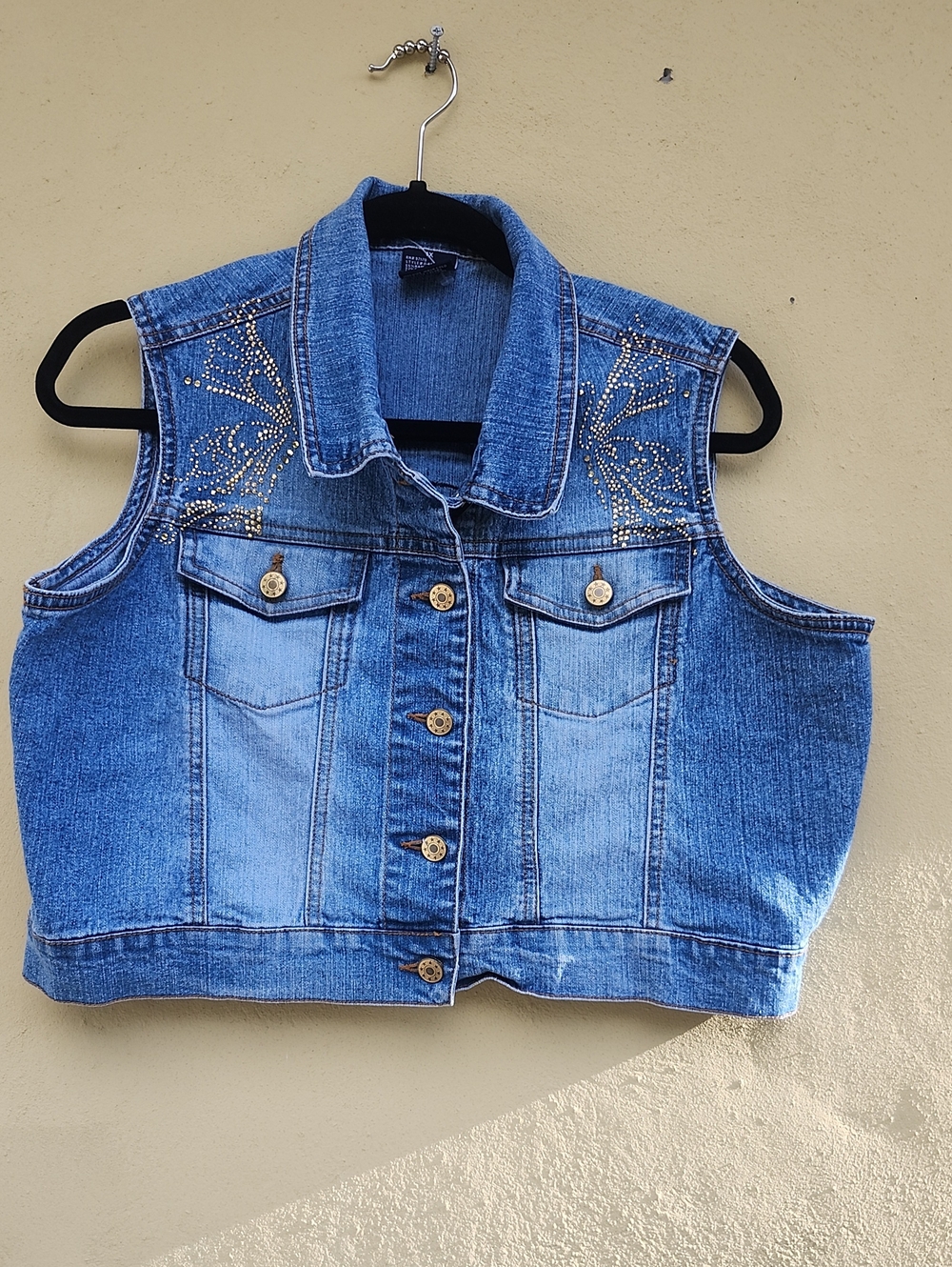 Y2k Denim Sleeveless Vest with Gold Stud Detail - Blue